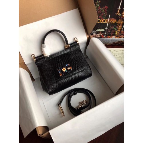 Dolce & Gabbana Originální kožená kabelka s květinovým logem Lizard BB4137 černá