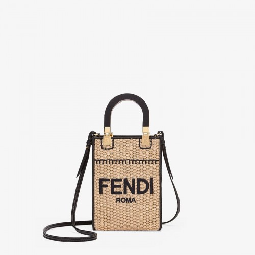 FENDI MINI SUNSHINE SHOPPER Pletená slámová mini kabelka 8BS051 meruňková