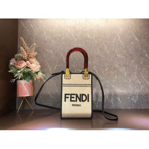 FENDI MINI SUNSHINE SHOPPER Pletená slámová mini kabelka 8BS051 meruňková