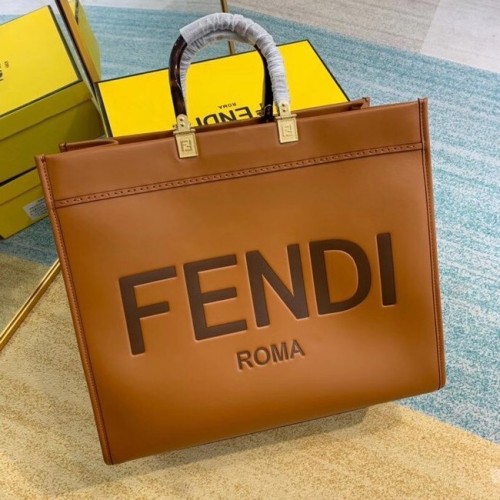 Velká hnědá kožená nákupní taška FENDI SUNSHINE 8BH387A