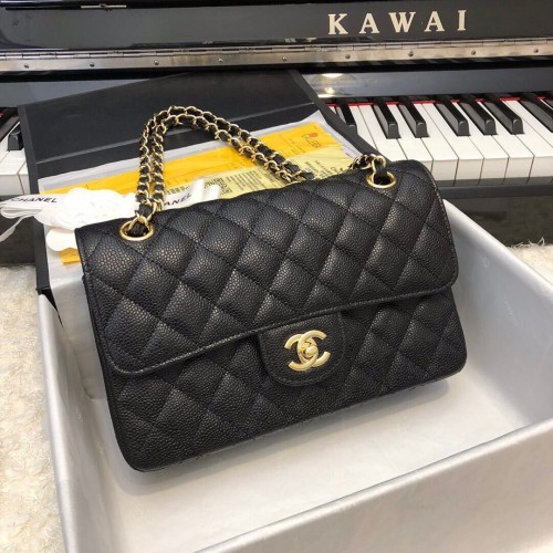 Módní Chanel originální kaviárová kožená klasická klopová kabelka A28601 černá