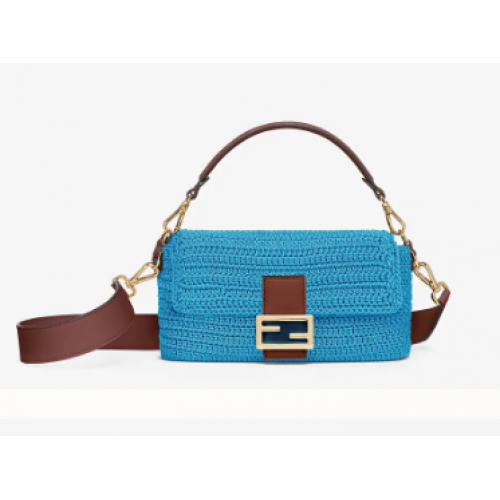 Fendi BAGUETTE Modrá bavlněná háčkovaná kabelka 8BR600
