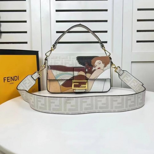 Kabelka z glazované látky Fendi FF s intarzií Baguette F0705 šedá