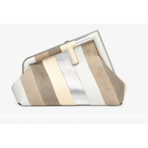 Kožená kabelka Fendi First Small se stříbrnou a světle hnědou intarzií 8BP129A