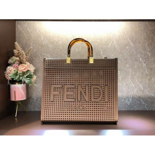 Fendi Sunshine střední dvoubarevná perforovaná kožená nákupní taška 8BH386A Coffee