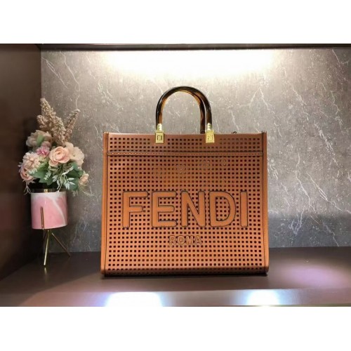 Fendi Sunshine střední dvoubarevná perforovaná kožená nákupní taška 8BH386A hnědá