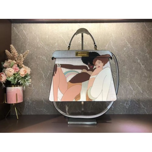 Hedvábná kabelka Fendi Peekaboo ISeeU FF s potiskem F1983 bílá