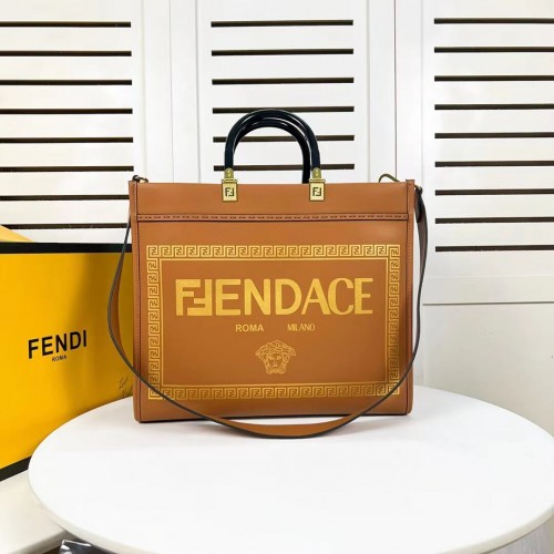 Kožená nákupní taška Fendi Sunshine Medium Fendace s potiskem loga 8BH386A hnědá