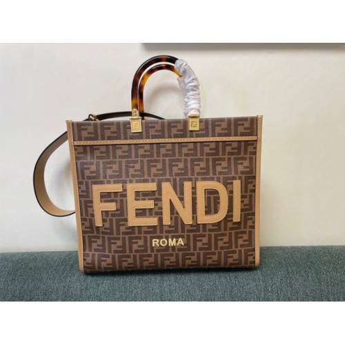 Středně hnědá kožená nákupní taška Fendi Sunshine 8BH386