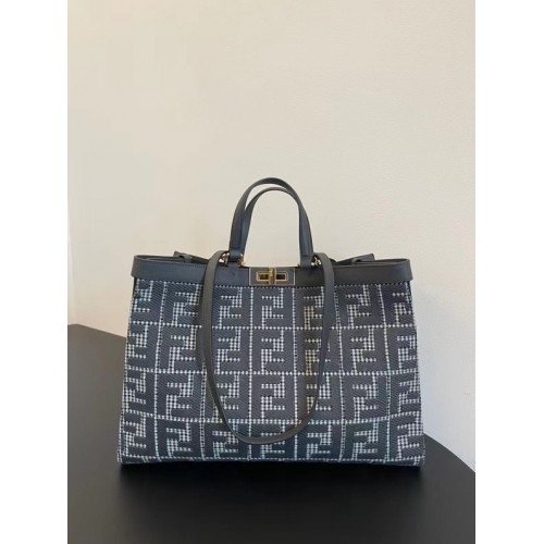 Vlněná nákupní taška Fendi X-Tote s pepito vzorem a výšivkou FF 8BH374A šedá