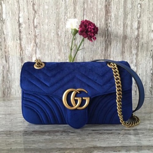 Gucci 443497 GG Marmont Chevron Velvet ramenní taška modrá