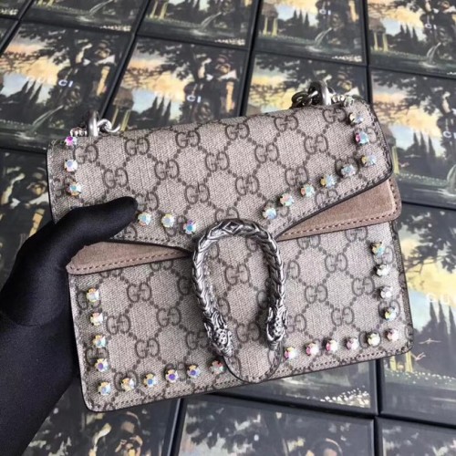 Gucci Dionysus GG Supreme plátěná mini kabelka s krystaly 421970 meruňková