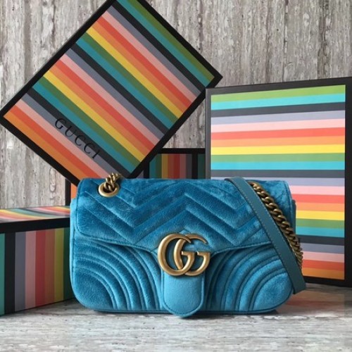 Gucci GG Marmont Chevron Velvet ramenní taška 443497 nebesky modrá