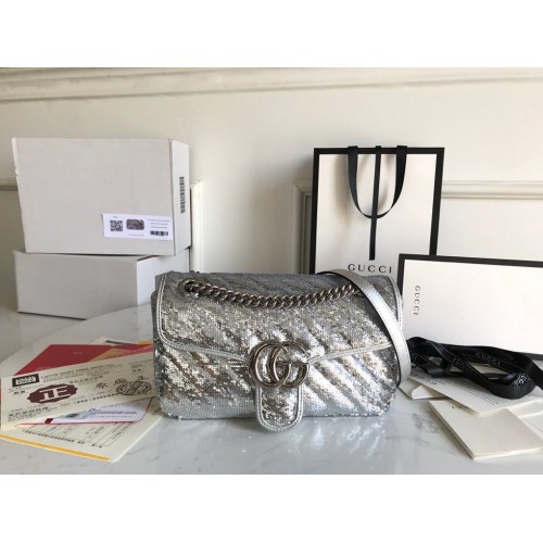 Gucci GG Marmont Sequin Mormont Malá kabelka přes rameno 443497 Stříbrná