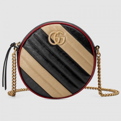 Mini kulatá kabelka přes rameno Gucci GG Marmont 550154 béžová a černá