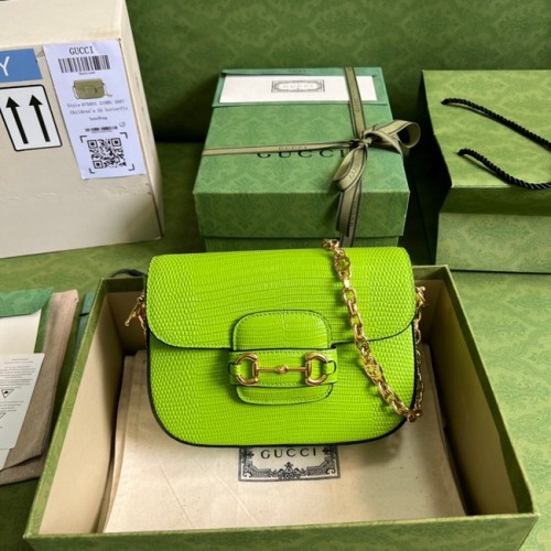 Mini kabelka Gucci Horsebit 1955 lizard 675801 Fluorescenčně zelená