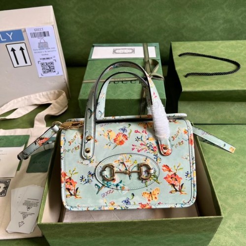 Mini kabelka Gucci Horsebit 1955 s horním uchem 645453 světle modrá