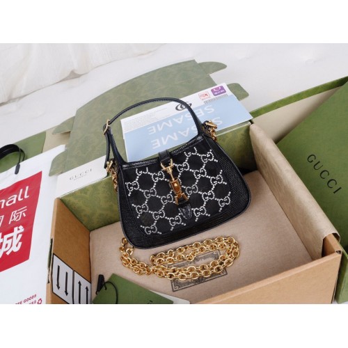 Gucci Jackie 1961 mini krystalová kabelka GG lizard hobo ze síťoviny 637091 černá