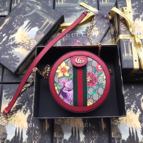 Gucci Ophidia série GG květinová kulatá mini kabelka přes rameno 550618 červená