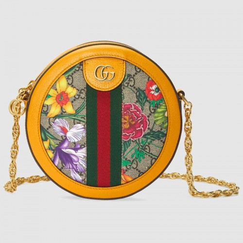 Gucci Ophidia série GG květinová kulatá mini kabelka přes rameno 550618 žlutá