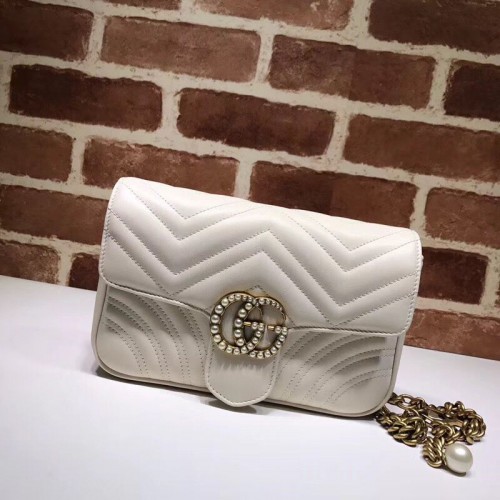 Gucci Pearl GG Marmont Malá originální kožená kabelka přes rameno Matelasse 443497 Bílá