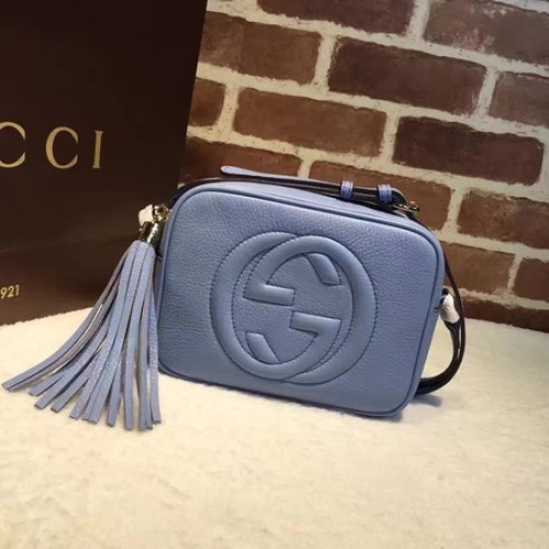 Gucci Soho metalická kožená disko kabelka 308364 modrá