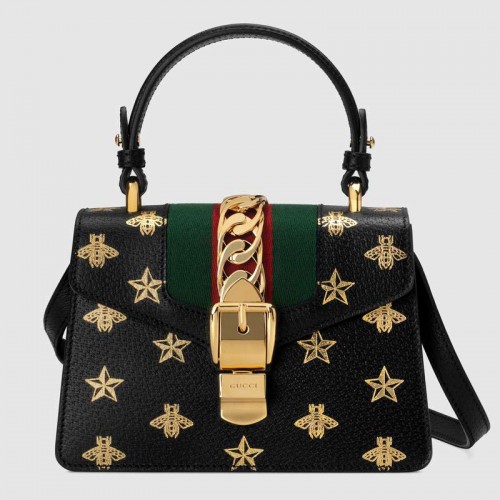 Gucci Sylvie Bee Star mini kožená kabelka 470270 černá