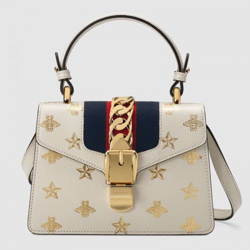 Gucci Sylvie Bee Star mini kožená kabelka 470270 bílá