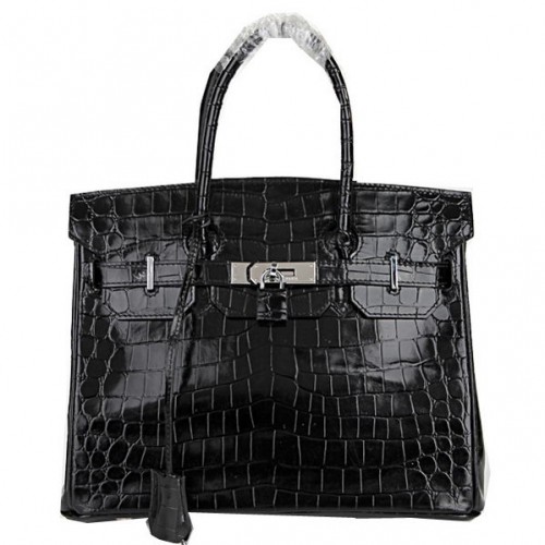 Hermes Birkin 30cm Tote Bags Black Iridescent Crocotille Leather Silver