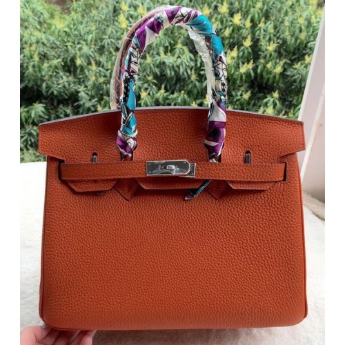Hermes Birkin 30CM Tote Bags Oranžová Telecí Kůže Kůže BK30 Stříbrná