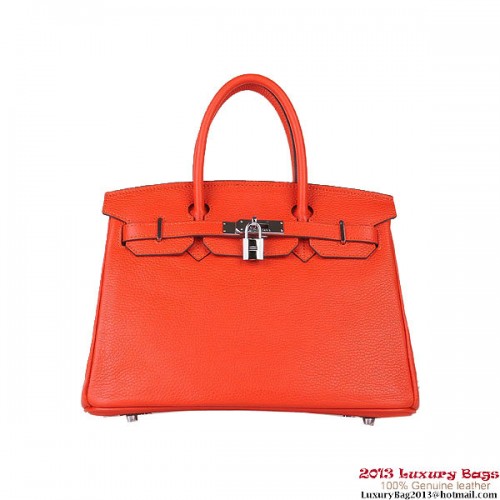 Hermes Birkin 30CM Tote Bags Orange Clemence Leather Silver