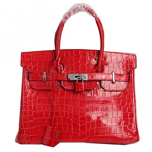 Hermes Birkin 30cm Tote Bags Red Iridescent Crocotille Leather Silver