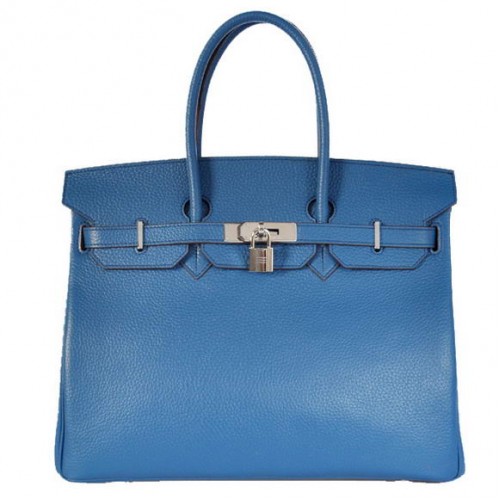Hermes Birkin 35CM Tote Tašky Togo Kůže Středně Modrá Stříbrná