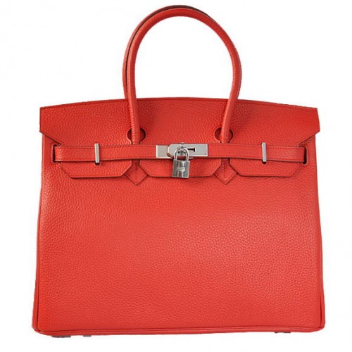 Hermes Birkin 35cm Tote Tašky Togo Kůže Červená Stříbrná