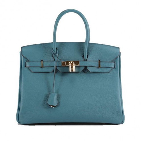 Hermes Birkin 35CM hladká kožená kabelka 6089 modrá zlatá