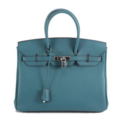 Hermes Birkin 35CM hladká kožená kabelka 6089 modrá stříbrná