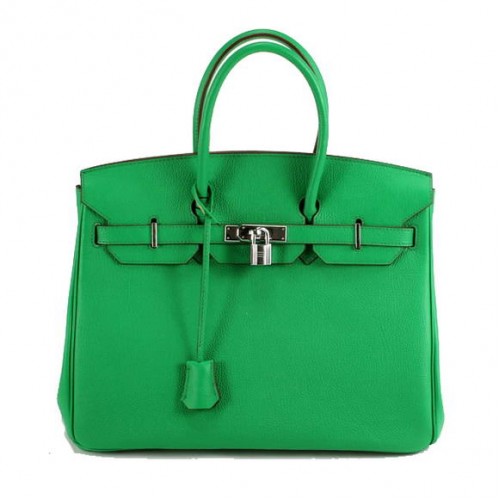 Hermes Birkin 35CM hladká kožená kabelka 6089 tmavě zelená stříbrná