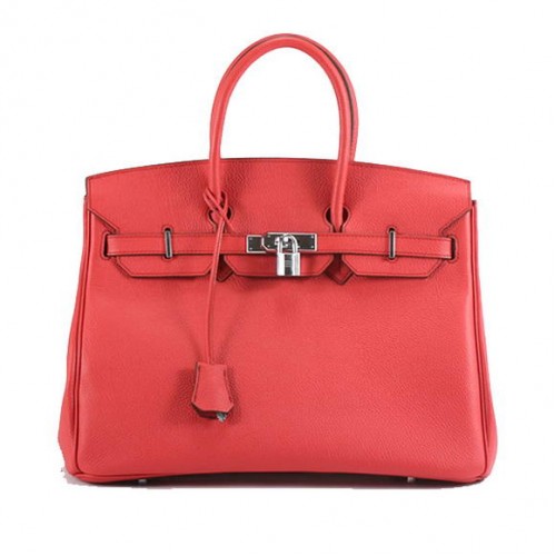 Hermes Birkin 35CM hladká kožená kabelka 6089 červená stříbrná