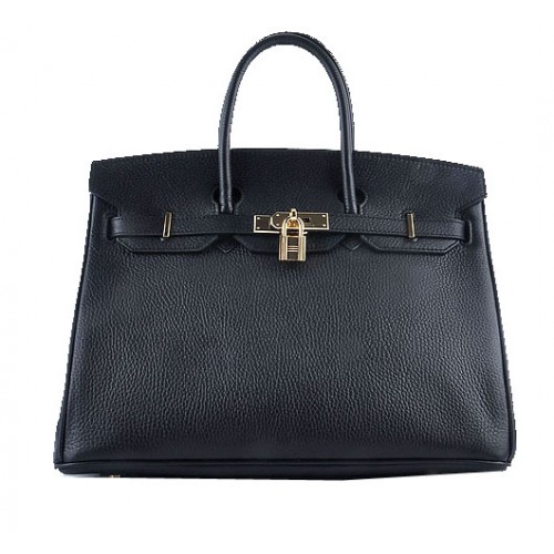 Hermes Birkin 35CM Tote Bag Černá Zrnitá Kůže Zlatá