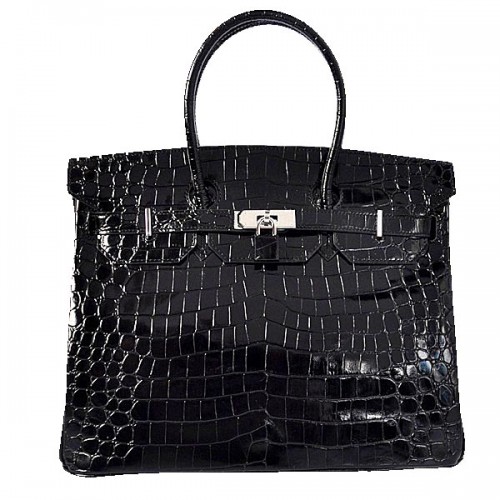 Hermes Birkin 35CM Tote Bag Black Iridescent Croco Kůže Stříbrná