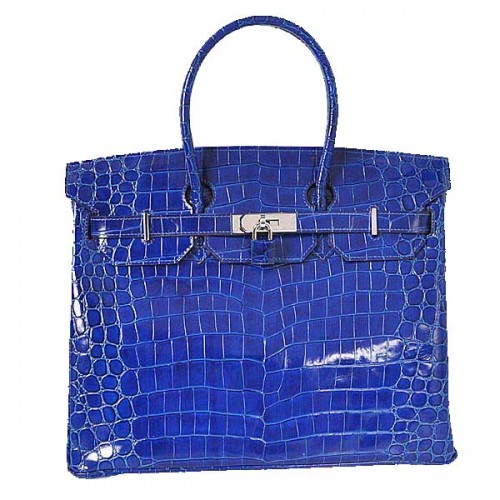 Hermes Birkin 35CM Tote Bag Modrá Iridescentní Krokodílí Kůže Stříbrná
