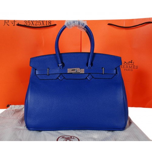 Hermes Birkin 35CM Tote Bag Blue Original Grained Leather H35 Silver