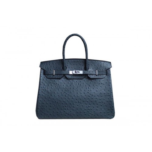 Hermes Birkin 35CM Tote Bag tmavě modrá pštrosí kůže BK35 stříbrná