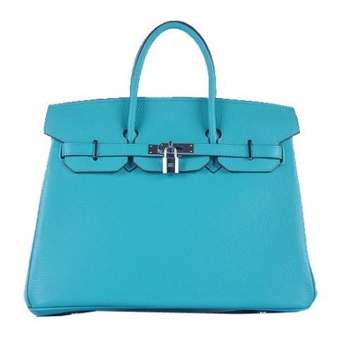 Hermes Birkin 35CM Tote Bag světle modrá zrnitá kůže stříbrná