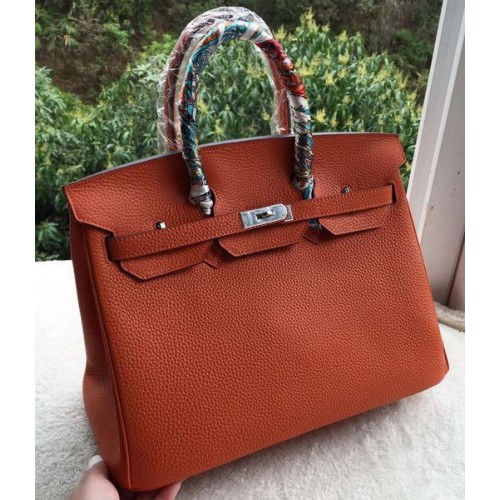 Hermes Birkin 35CM Tote Bag Oranžová Telecí Kůže Kůže BK35 Stříbrná