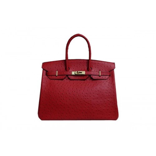 Hermes Birkin 35CM Tote Bag Červená Pštrosí Kůže BK35 Zlatá