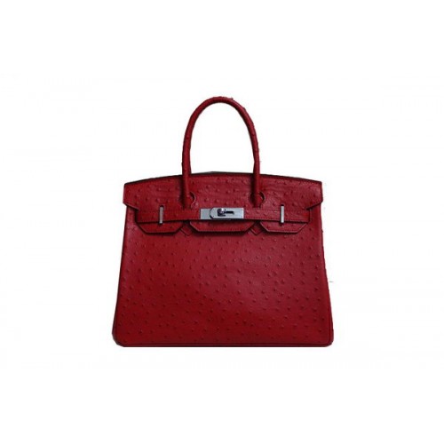 Hermes Birkin 35CM Tote Bag Červená Pštrosí Kůže BK35 Stříbrná