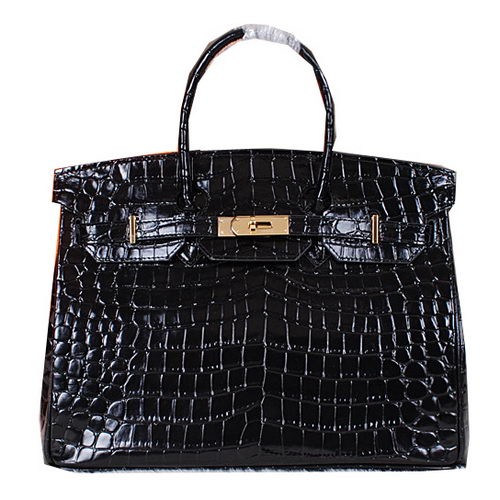 Hermes Birkin 35CM Tote Bag Lesklá Krokodílí Kůže H35C Černá