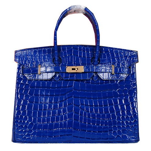 Hermes Birkin 35CM Tote Bag Lesklá Krokodílí Kůže H35C Modrá