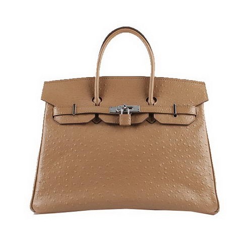 Hermes Birkin 35CM Tote Bags Meruňková Pštrosí Kůže H6089 Stříbrná